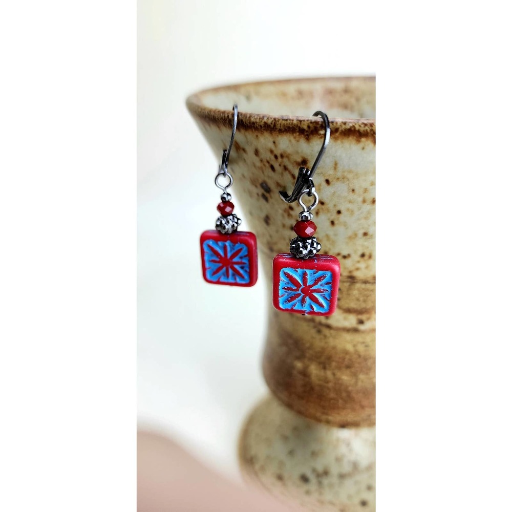 Square Red & Blue Starburst Earrings,‎ Handmade